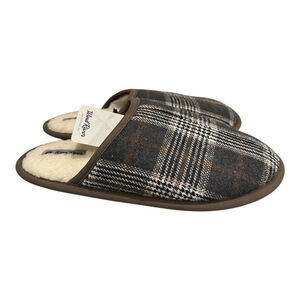WindRiver Slippers Mens Size 10 Gray Plaid Faux Fur Mule House Shoes Indoor